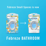 Rebranding graphic showing Febreze Small Spaces packaging changing to Febreze Bathroom packaging on blue background