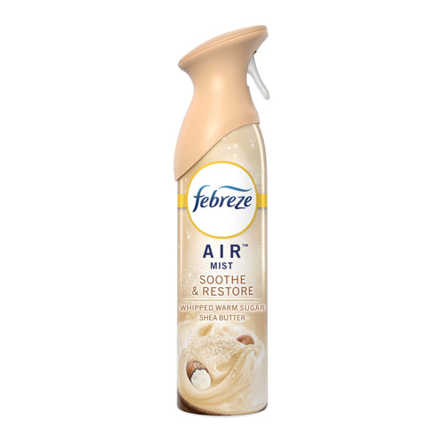 Tall Febreze Air Mist can in beige packaging labeled Soothe & Restore with whipped sugar and shea butter imagery