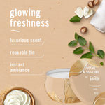 Lifestyle infographic showing Febreze Soothe & Restore candle with callouts: glowing freshness, reusable tin, instant ambiance