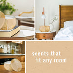 Collage of Febreze Soothe & Restore candle placed in different room settings and text ‘scents that fit any room’