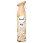 Studio shot of a beige Febreze Air Mist can labeled Soothe & Restore showing whipped sugar and shea butter visuals