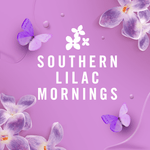 Purple promotional graphic with lilac flowers and butterflies reading “Southern Lilac Mornings” in bold text