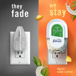 Split-screen graphic comparing a faded plug-in and a Febreze digital scent control unit