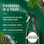 Febreze spray bottle on green background with text listing benefits like fights unwanted smells and natural propellant