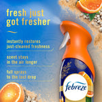 Close-up of Febreze spray nozzle and bottle with beach-themed background and product benefit text