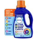 Blue Febreze 2-in-1 stain and odor eliminator bottle with orange cap and product icons