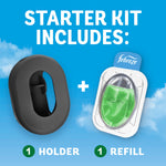 Blue infographic showing starter kit includes one black oval holder and one green refill cartridge displayed side by side