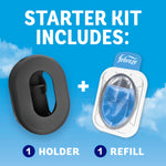 Starter kit components shown on a blue sky background: a black oval holder next to a blister-style Febreze refill pod.