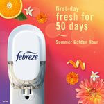Febreze plug displayed on orange-pink background with text stating “fresh for 50 days” and floral and citrus accents