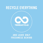 Blue Terracycle logo and text on a light-blue background reading recycle everything and leave only freshness behind