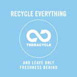 Blue informational graphic with the TerraCycle logo and text 'Recycle Everything' promoting recycling of the product packaging