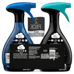 Rear view of two Febreze Touch fabric spray bottles in a 2-pack showing directions, icons, and product label backs.