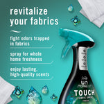 Stylistic product graphic showing Febreze Unstopables Touch spray with text highlighting fabric revitalizing benefits