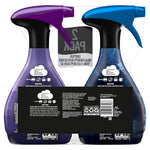 Rear view of Febreze Touch two-pack showing the backs of purple and blue spray bottles and product information panel.