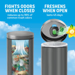 Split graphic comparing closed-can odor control and open-can freshness with Febreze holder and floral scent imagery