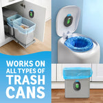 Collage showing Febreze holder attached to different trash cans and a toilet-style bin, demonstrating compatibility