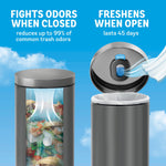 Split graphic showing odors contained when closed and fresh scent released when open with Febreze Trash holder over a lined bin
