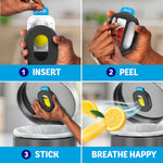Four-panel instructional graphic showing inserting refill into Febreze holder, peeling adhesive, sticking to lid, and scenting trash