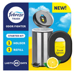 Pack-style product image showing Febreze Trash odor fighter starter kit with holder, refill, lemon graphic and trash can