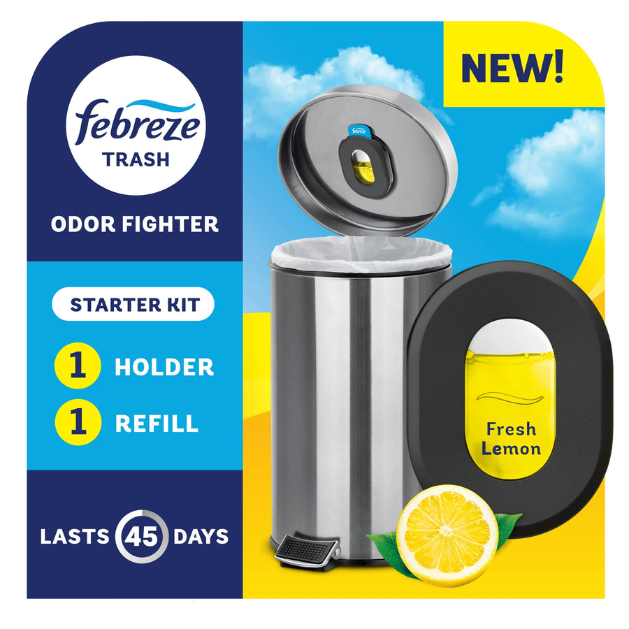 Pack-style product image showing Febreze Trash odor fighter starter kit with holder, refill, lemon graphic and trash can