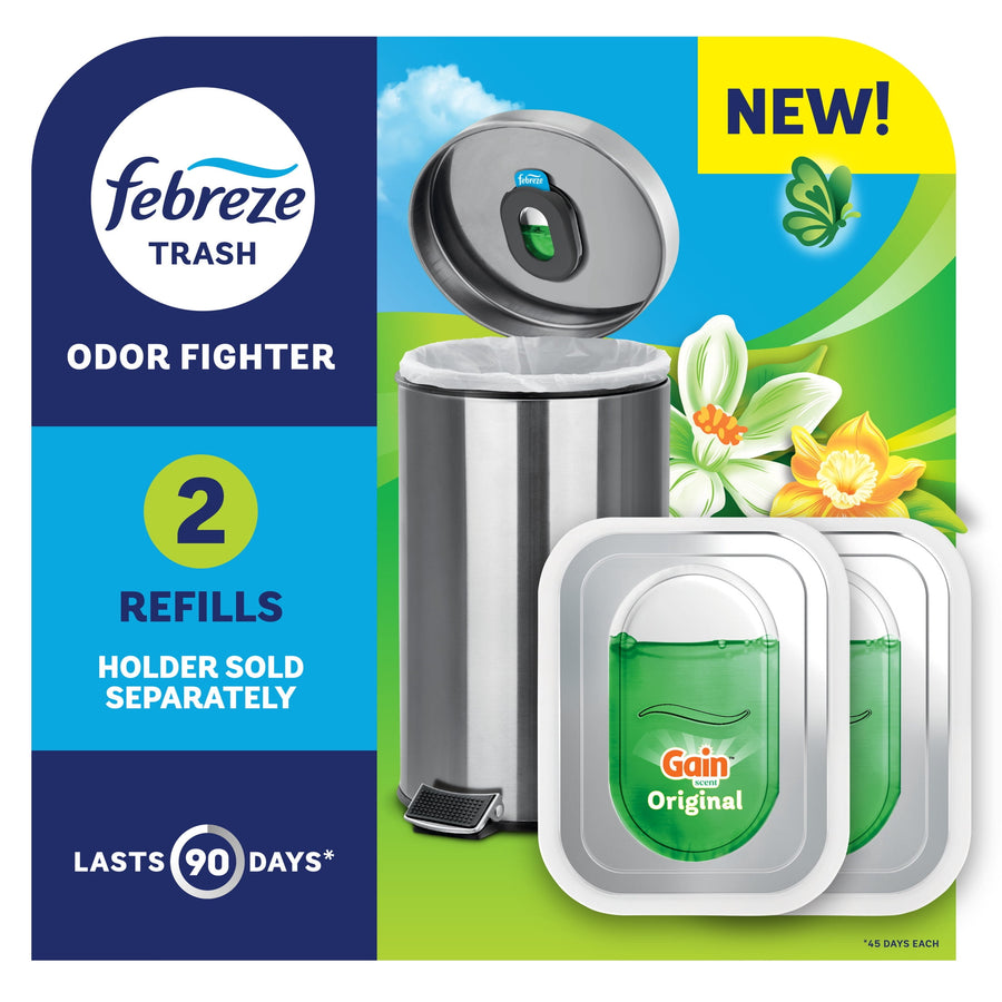 Febreze Trash packaging showing metal trash can, two green Gain refill pods and product branding