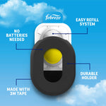 Diagram of Febreze holder on backing highlighting features: no batteries, easy refill, durable holder, made with 3M tape