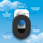 Exploded view of Febreze Trash holder showing refill insertion, labels for no batteries, durable holder and 3M tape on blue sky background