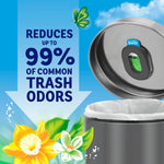 Graphic showing Febreze holder on an open trash can with floral imagery and claim about reducing common trash odors