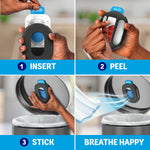 Step-by-step hands-on images demonstrating inserting refill, peeling 3M tape, sticking holder to lid and fresh air flowing from trash