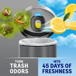 Illustration of trash can lid with Febreze holder releasing fresh lemon aroma while masking green foul odors