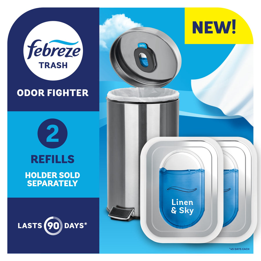 Febreze Trash Odor Fighter packaging showing stainless trash can, two blue refills and 'Linen & Sky' scent badge