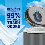 Close-up image of a trash can lid with Febreze holder and a bold claim arrow reading reduces up to 99% of common trash odors against a sky background.