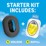 Starter kit components shown on blue sky background: black Febreze holder and a yellow refill pod with plus sign