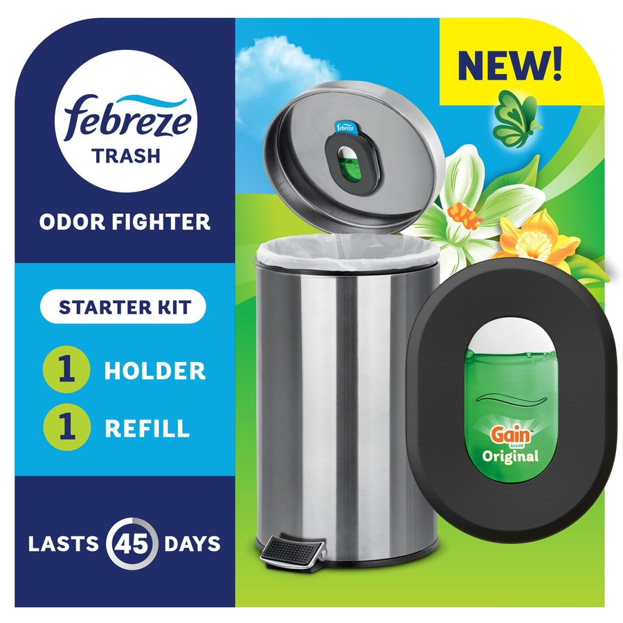 Febreze Trash odor fighter starter kit packaging showing stainless trash can, holder and Gain Original refill graphic