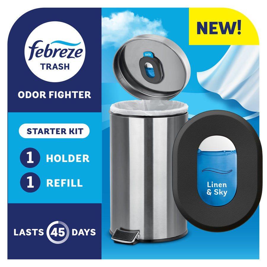 Febreze Trash starter kit packaging showing a stainless trash can with an open lid and a black oval holder with a blue Linen & Sky refill visible.
