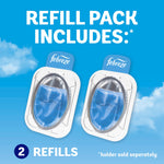 Two Febreze Trash refill cartridges displayed on a sky-blue background with 'Refill Pack Includes' headline