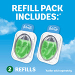 Close-up product graphic of two Febreze green refill pods in blister pack with headline "refill pack includes"