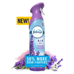 Febreze Air Mist bottle with purple trigger and lavender sprigs on a white background with promotional banner.