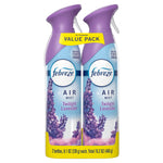 Two Febreze Air Mist Twilight Lavender aerosol cans with purple caps and a yellow “VALUE PACK” banner on a white background.