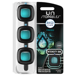 Clear retail blister pack of Febreze Unstopables Car vent clips showing three black clips with teal fragrance gel on the backing card.