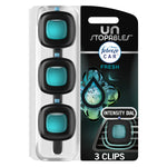 Packaged Febreze Unstopables Car vent clip set in black with teal gel inserts on retail backing card.