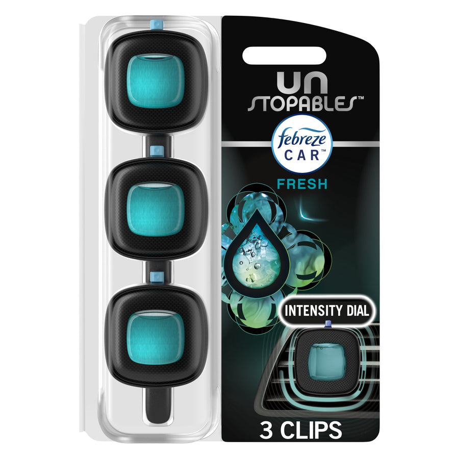 Packaged Febreze Unstopables Car vent clip set in black with teal gel inserts on retail backing card.