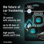 Retail card close-up showing Febreze Unstopables branding, intensity dial graphic and marketing text about scent duration.