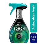 Bottle of Febreze Unstopables Touch fabric spray in teal-black bottle with trigger and “Unstopables Fresh” label.