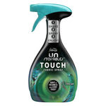 Clear product shot of a Febreze Unstopables Touch fabric spray bottle with teal trigger and green label