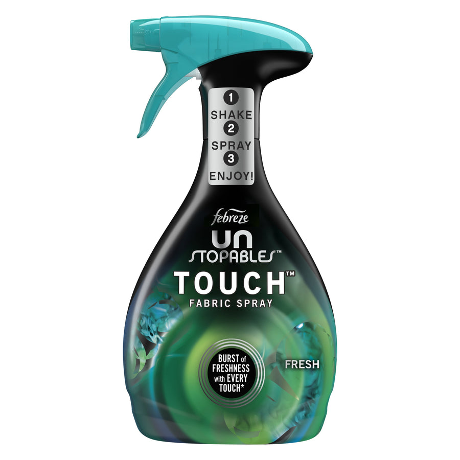 Clear product shot of a Febreze Unstopables Touch fabric spray bottle with teal trigger and green label
