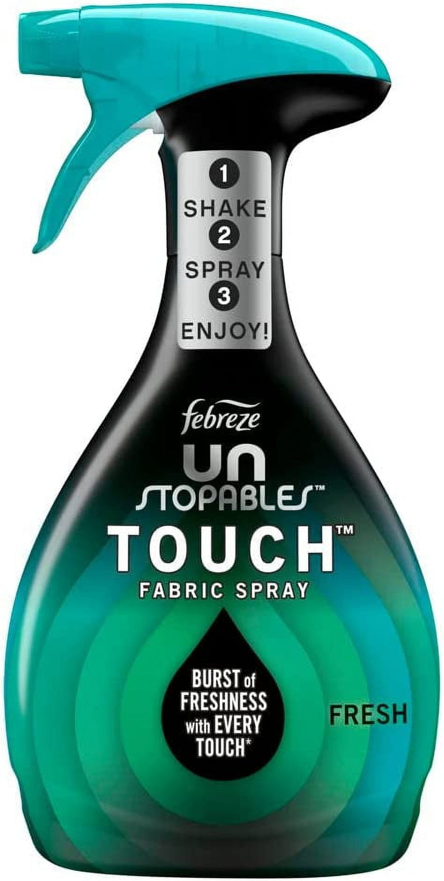 Febreze Unstopables Touch fabric spray bottle in Fresh scent with teal trigger and green concentric label design.
