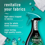 Febreze Unstopables Touch fabric spray product panel on teal background with benefits text about revitalizing fabrics.