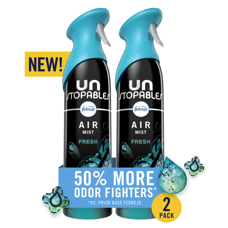Two Febreze Unstopables Air Mist Fresh aerosol cans with promotional banner about 50% more odor fighters