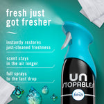 Close-up of Febreze Unstopables Air Mist spray nozzle with benefit text describing longer scent and full sprays